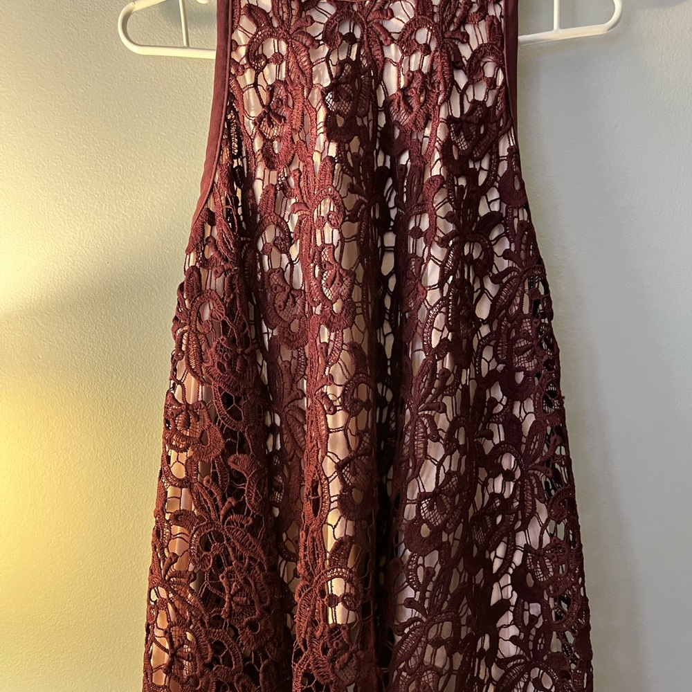 Beautiful lined burgundy backless lace top